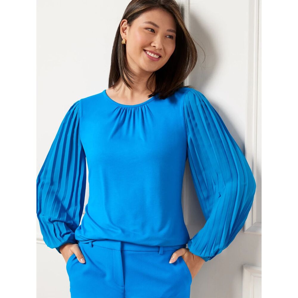 Talbots Pleated Sleeve Crewneck Blouse Sz 1X Blue Coastal Preppy Office Work NWT